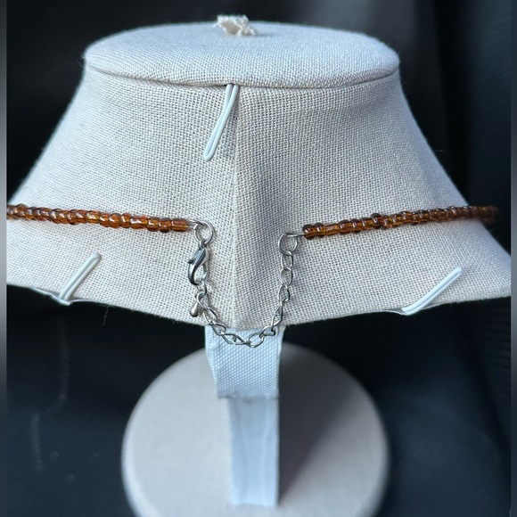 Artisan glass bead necklace with amber color seed beads adjustable silver chain - Picture 3 of 8